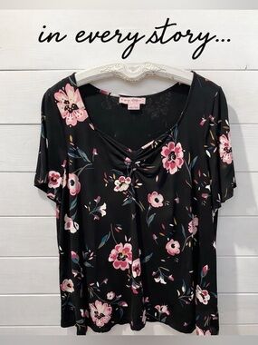IN EVERY STORY Black Floral Short Sleeve Top Size 1X